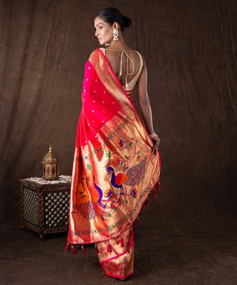 bright pink handloom tissue silk saree with zari detailing 4