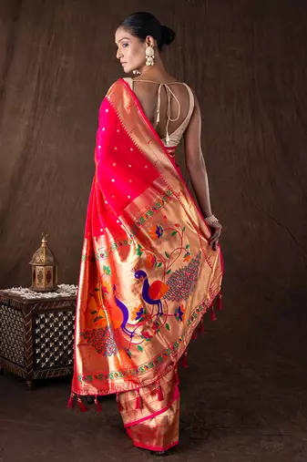 bright pink handloom tissue silk saree with zari detailing
