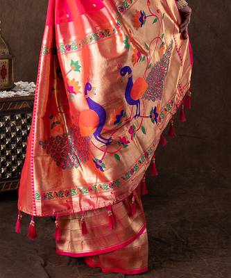 bright pink handloom tissue silk saree with zari detailing 5