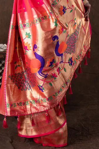 bright pink handloom tissue silk saree with zari detailing