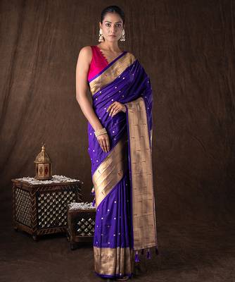 Royal Purple Handloom Pure Silk Saree With Zari Border 1