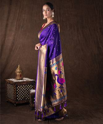 Royal Purple Handloom Pure Silk Saree With Zari Border 2