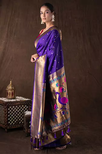 Royal Purple Handloom Pure Silk Saree With Zari Border