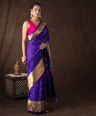 Royal Purple Handloom Pure Silk Saree With Zari Border 3