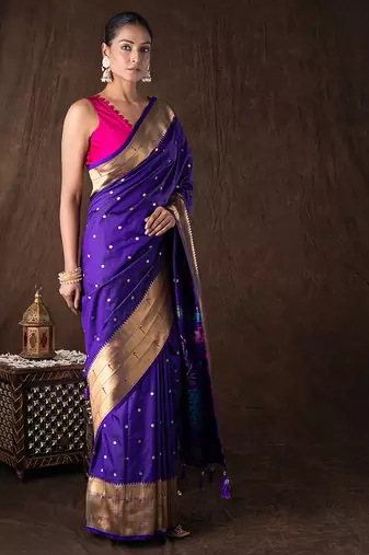 Royal Purple Handloom Pure Silk Saree With Zari Border