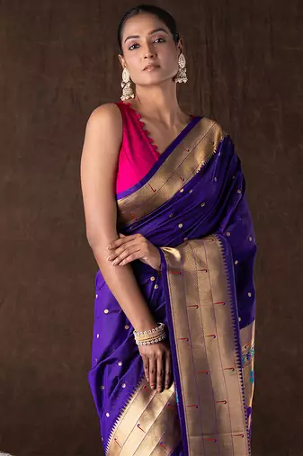 Royal Purple Handloom Pure Silk Saree With Zari Border