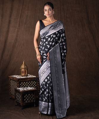 black handloom pure silk saree with woven silver motifs 1