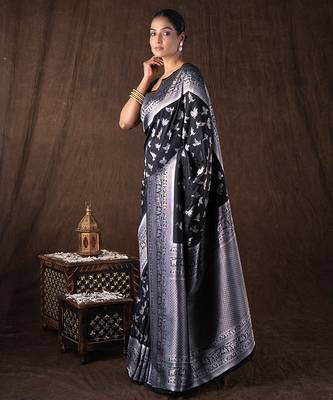 black handloom pure silk saree with woven silver motifs 2