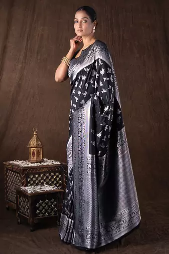 black handloom pure silk saree with woven silver motifs