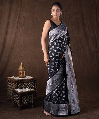 black handloom pure silk saree with woven silver motifs 3