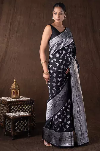 black handloom pure silk saree with woven silver motifs