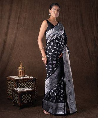 black handloom pure silk saree with woven silver motifs 4
