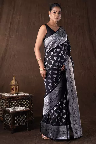 black handloom pure silk saree with woven silver motifs