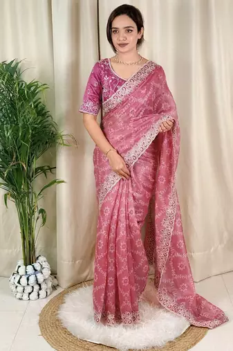Pink cotton satin weaving zari border embroiderd saree with matching blouse piece