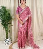 Pink cotton satin weaving zari border embroiderd saree with matching blouse piece