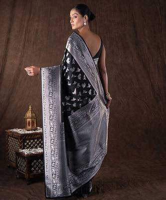 black handloom pure silk saree with woven silver motifs 5