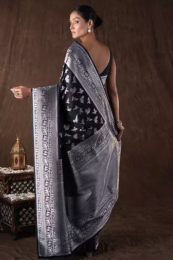 black handloom pure silk saree with woven silver motifs