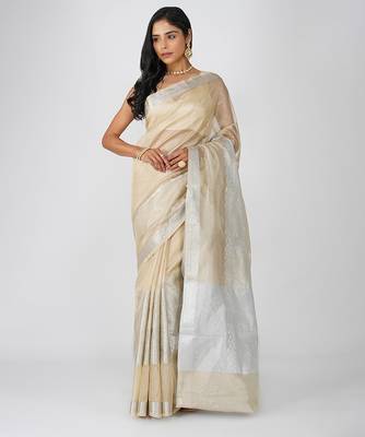 beige handloom tissue silk saree with subtle shimmer finish 1
