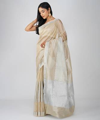 beige handloom tissue silk saree with subtle shimmer finish 3
