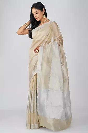 beige handloom tissue silk saree with subtle shimmer finish
