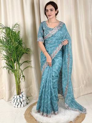 Blue cotton satin weaving zari border embroiderd saree with matching blouse piece 1