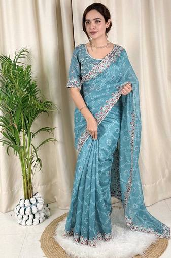 Blue cotton satin weaving zari border embroiderd saree with matching blouse piece