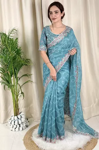 Blue cotton satin weaving zari border embroiderd saree with matching blouse piece