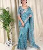 Blue cotton satin weaving zari border embroiderd saree with matching blouse piece