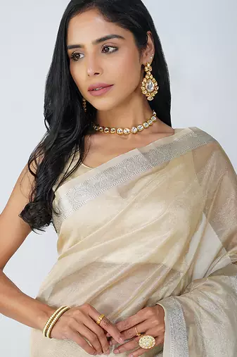 beige handloom tissue silk saree with subtle shimmer finish