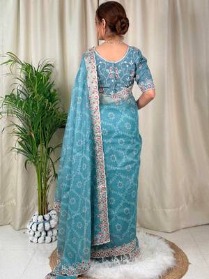 Blue cotton satin weaving zari border embroiderd saree with matching blouse piece 2