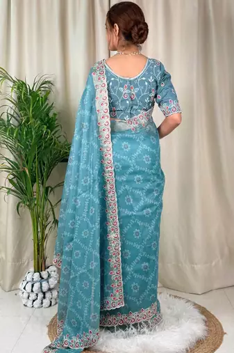 Blue cotton satin weaving zari border embroiderd saree with matching blouse piece