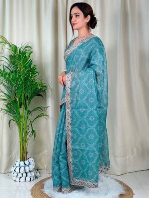 Blue cotton satin weaving zari border embroiderd saree with matching blouse piece 3