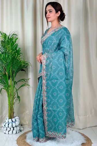 Blue cotton satin weaving zari border embroiderd saree with matching blouse piece