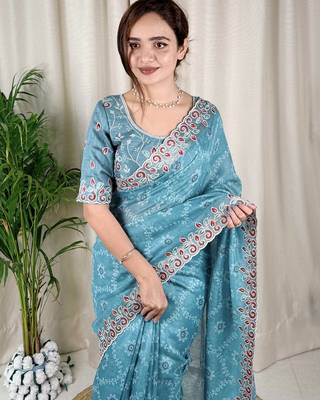 Blue cotton satin weaving zari border embroiderd saree with matching blouse piece 4