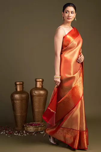 red handloom banarasi silk saree with rich zari finish