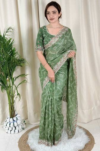 Green cotton satin weaving zari border embroiderd saree with matching blouse piece