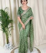 Green cotton satin weaving zari border embroiderd saree with matching blouse piece