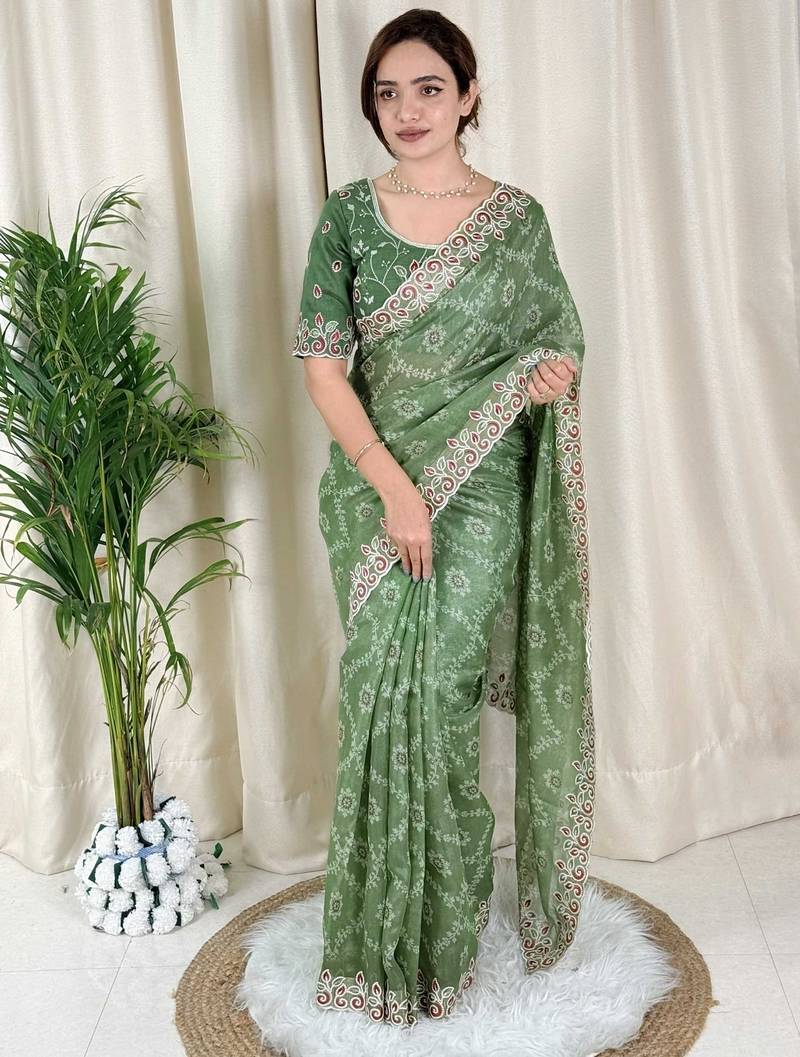 Green cotton satin weaving zari border embroiderd saree with matching blouse piece