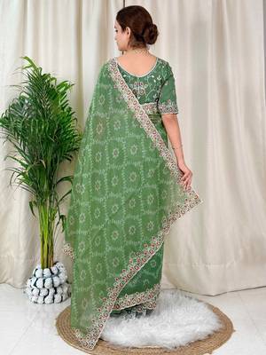 Green cotton satin weaving zari border embroiderd saree with matching blouse piece 2