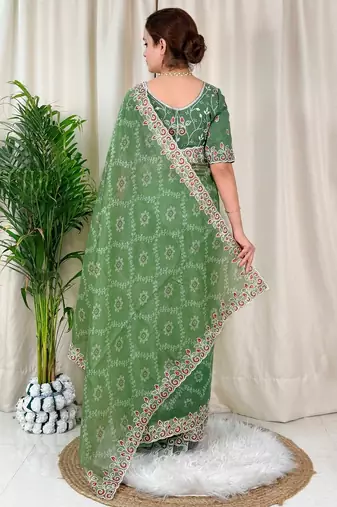 Green cotton satin weaving zari border embroiderd saree with matching blouse piece