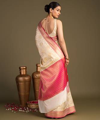 beige handloom pure silk saree with contrast pink border 2