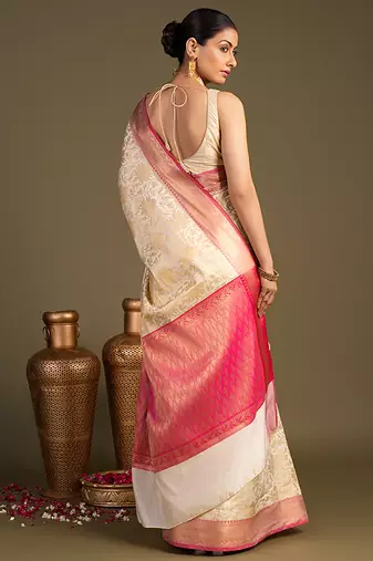 beige handloom pure silk saree with contrast pink border