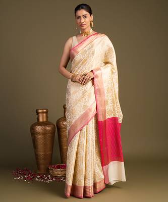 beige handloom pure silk saree with contrast pink border 1