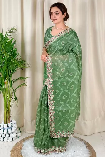 Green cotton satin weaving zari border embroiderd saree with matching blouse piece