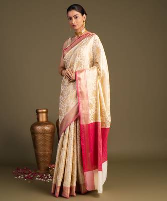 beige handloom pure silk saree with contrast pink border 3