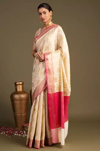 beige handloom pure silk saree with contrast pink border