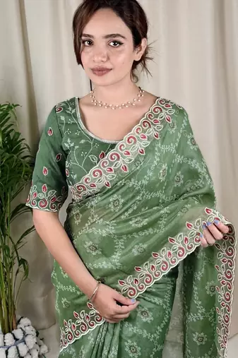 Green cotton satin weaving zari border embroiderd saree with matching blouse piece