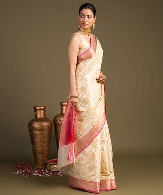 beige handloom pure silk saree with contrast pink border 4