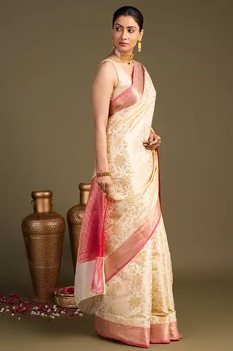 beige handloom pure silk saree with contrast pink border
