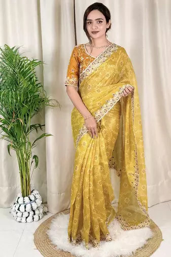 Mustard cotton satin weaving zari border embroiderd saree with matching blouse piece